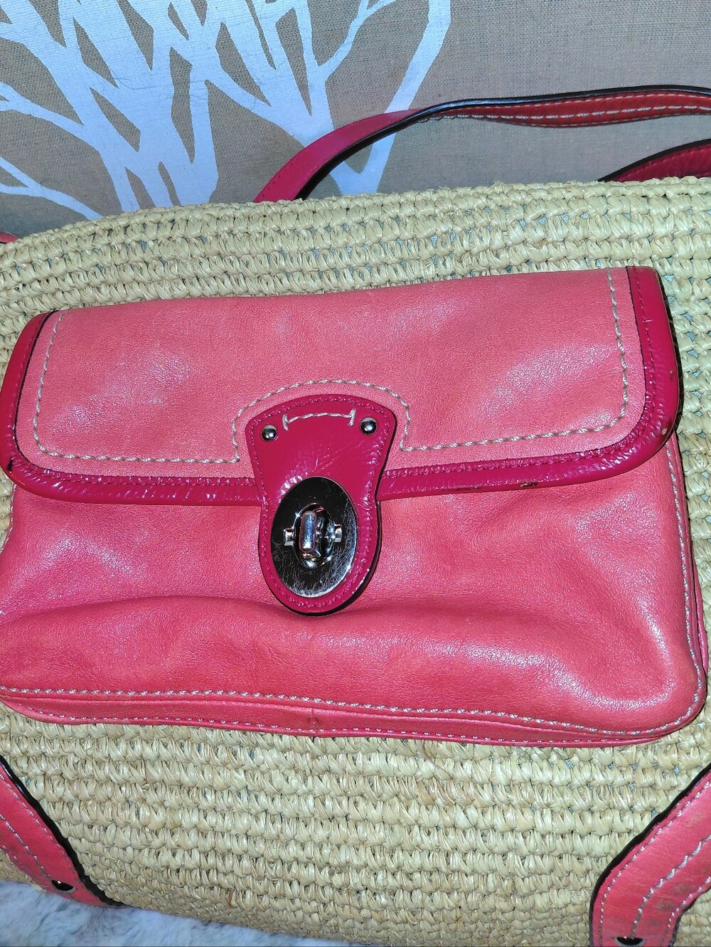 Coach Straw Tote Tangerine & Red Leather Trim Front Pocket L1269-22904 - Picture 3 of 12